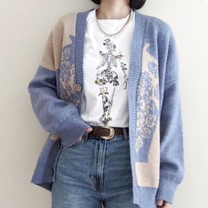 Pastel blue beige color block cardigan